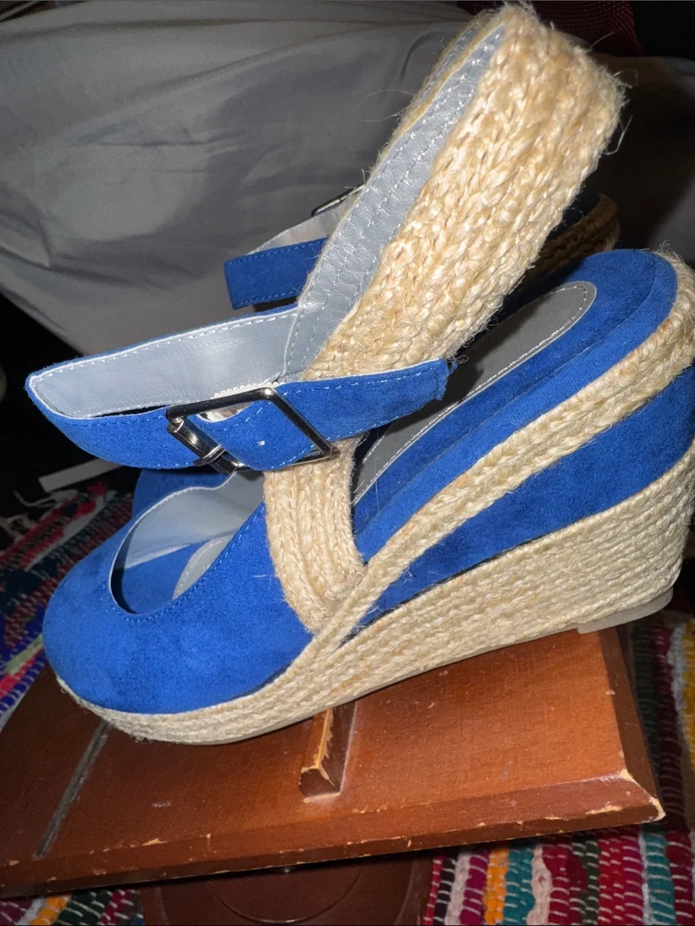 Blue faux Suede Peep-Toe Slingback Wedges size 8